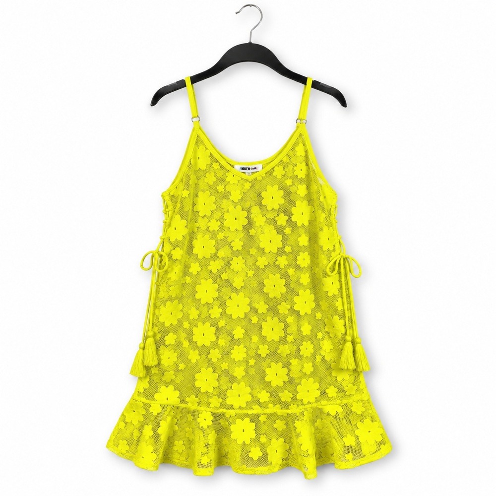 Miken Swim Cover Up Dress Women Small Limeade Yellow Floral Lace Up Boho Beach